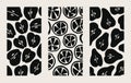 A set of patterns with the image of hand-drawn abstract fruits: apples, oranges, pears.